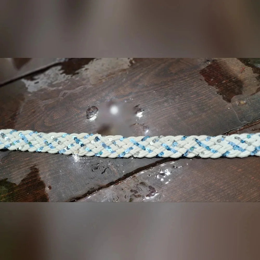 👸👖🩳 White Braided D-ring Belt with blue & silver sequins
